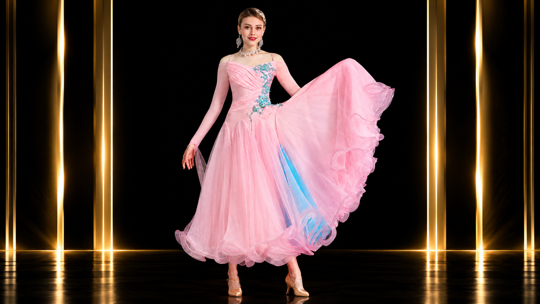 ピンクのレディース社交ダンスドレス ロングドレス シースルー長袖 花柄装飾 フレアスカート スタンダードダンス衣装