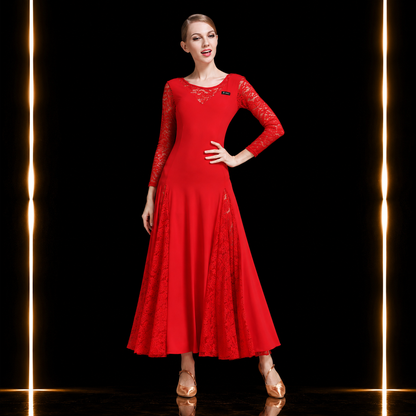 社交ダンス スタンダードドレス レディース レッド ロングドレス レース 長袖 モダン ワルツ タンゴ 練習着 発表会 パーティー