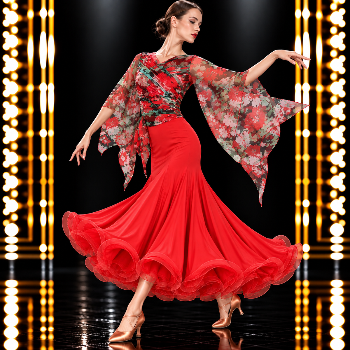 レッドの社交ダンス衣装を着用した斜め向きのダンスポーズ。花柄トップスとロングスカートの美しい動きを表現。