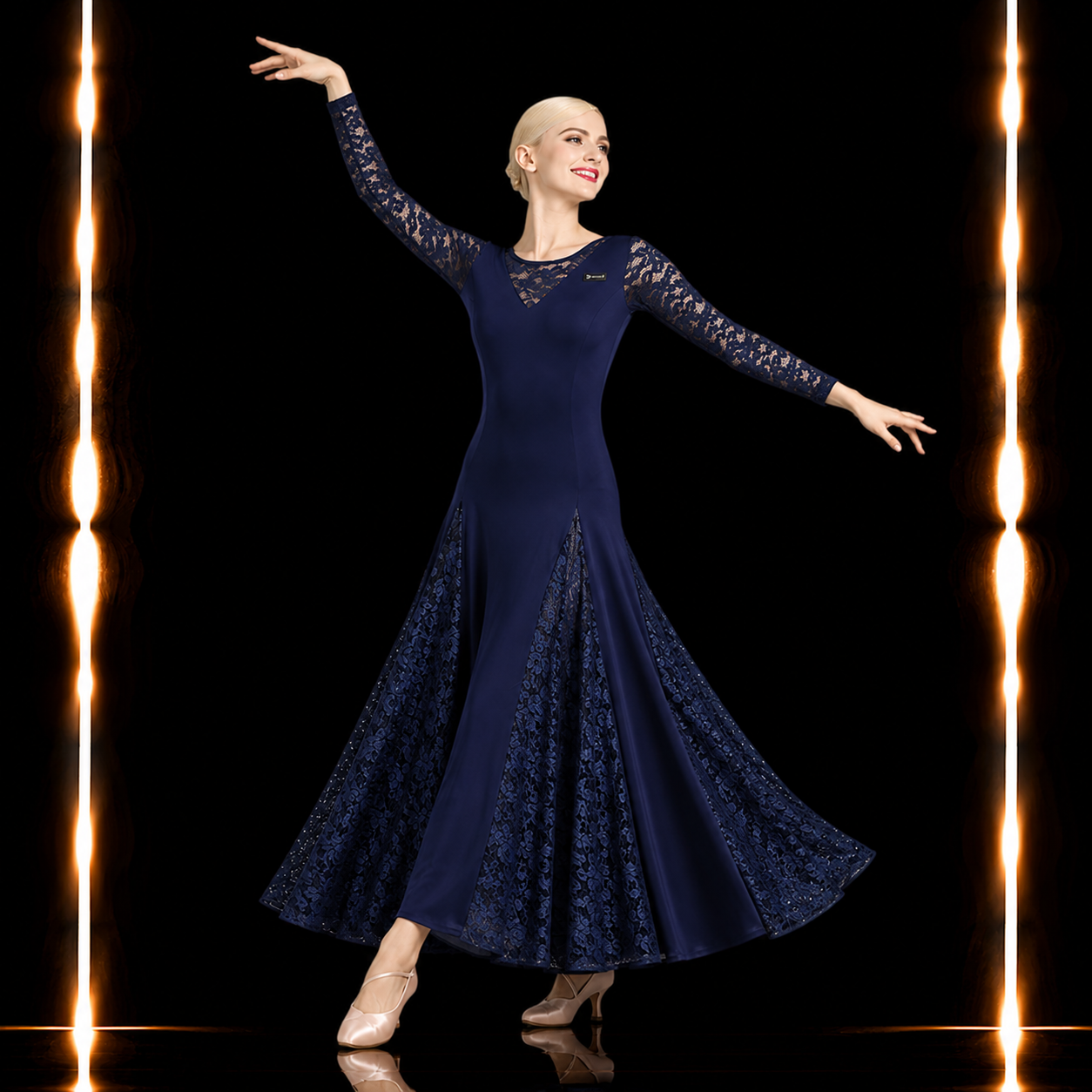 社交ダンス スタンダードドレス レディース ネイビー ロングドレス 花柄レース 長袖 モダン ワルツ タンゴ 練習着 発表会 パーティー