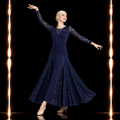 社交ダンス スタンダードドレス レディース ネイビー ロングドレス 花柄レース 長袖 モダン ワルツ タンゴ 練習着 発表会 パーティー