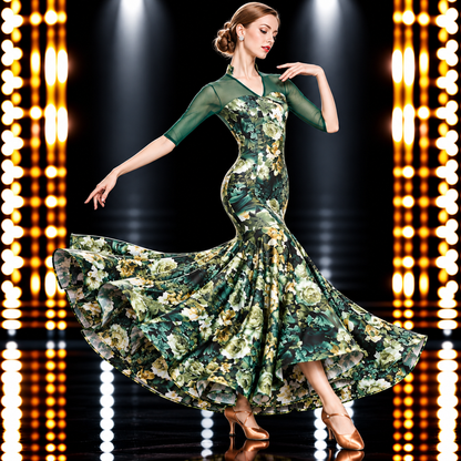 社交ダンスドレス グリーン ボタニカル花柄 Vネック シースルー 正面 – LUMIDANCE