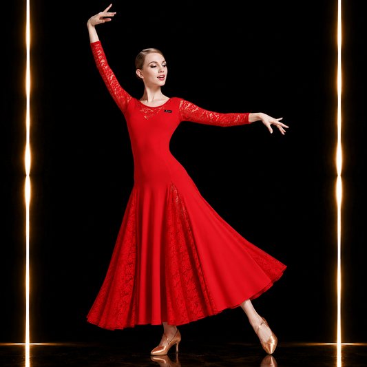 社交ダンス スタンダードドレス レディース レッド ロングドレス レース 長袖 モダン ワルツ タンゴ 練習着 発表会 パーティー