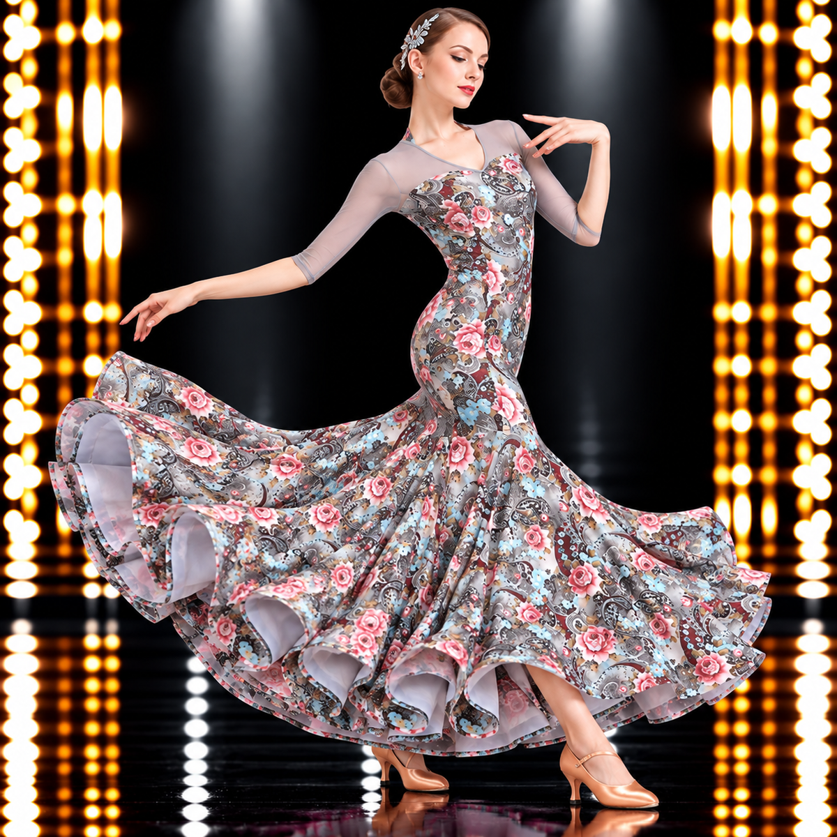 社交ダンスドレス グレー 花柄 ラインストーン風装飾 背面 – LUMIDANCE