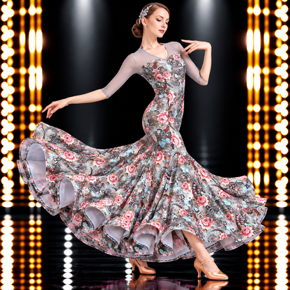 社交ダンスドレス グレー 花柄 ラインストーン風装飾 背面 – LUMIDANCE