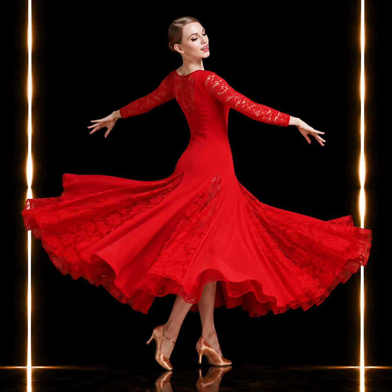 社交ダンス スタンダードドレス レディース レッド ロングドレス レース 長袖 モダン ワルツ タンゴ 練習着 発表会 パーティー