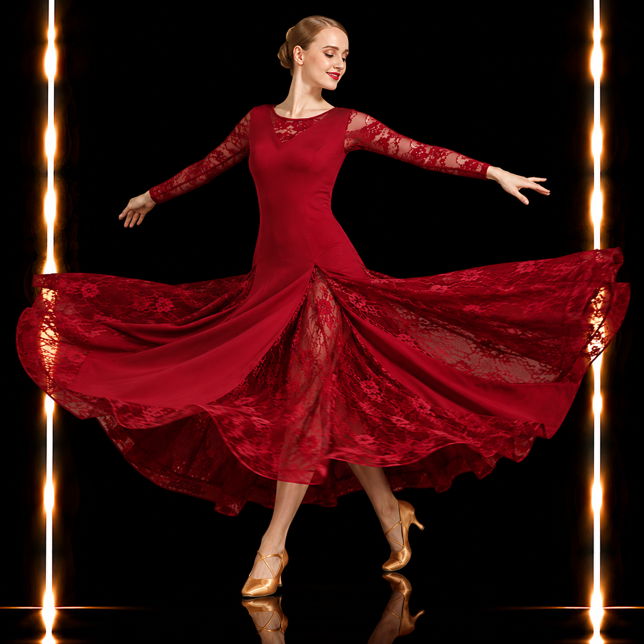 社交ダンス スタンダードドレス レディース ワインレッド ロングドレス 花柄レース 長袖 モダン ワルツ タンゴ 練習着 発表会 パーティー
