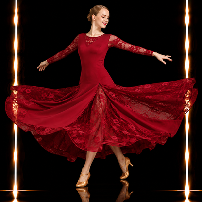社交ダンス スタンダードドレス レディース ワインレッド ロングドレス 花柄レース 長袖 モダン ワルツ タンゴ 練習着 発表会 パーティー