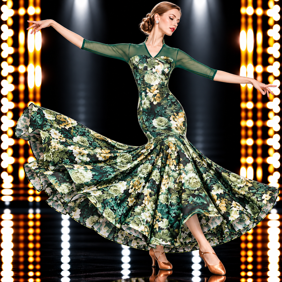 社交ダンスドレス グリーン ボタニカル花柄 マーメイド 背面 シースルー – LUMIDANCE