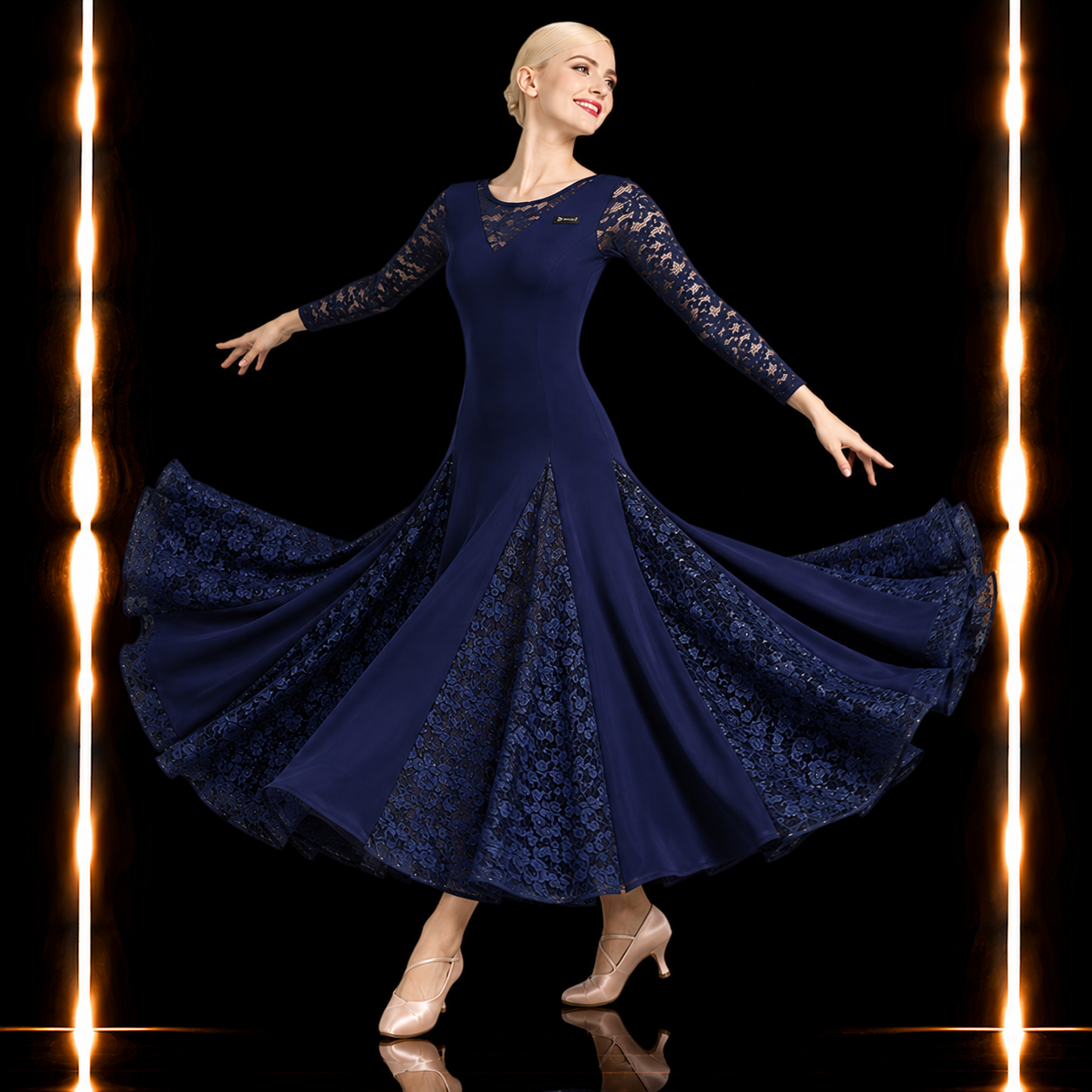社交ダンス スタンダードドレス レディース ネイビー ロングドレス 花柄レース 長袖 モダン ワルツ タンゴ 練習着 発表会 パーティー