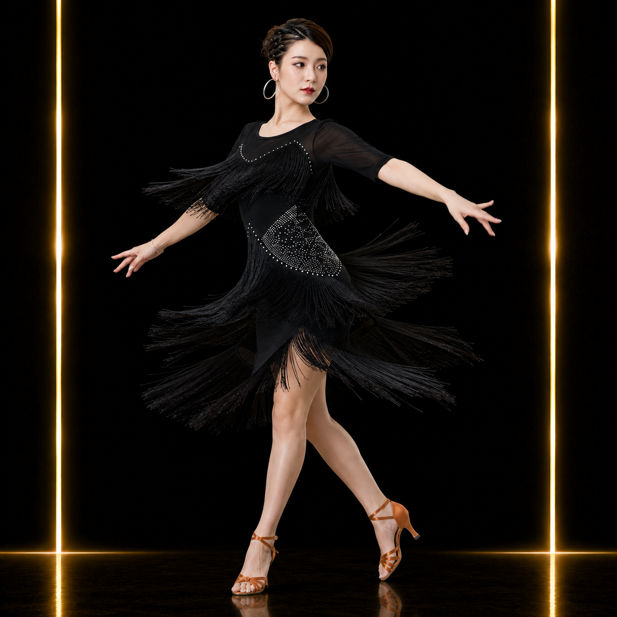 社交ダンス ラテンドレス レディース ブラック フリンジ キラキラ 半袖 ダンス衣装 ラテン 練習着 競技 発表会 パーティー