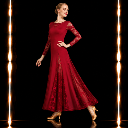 社交ダンス スタンダードドレス レディース ワインレッド ロングドレス 花柄レース 長袖 モダン ワルツ タンゴ 練習着 発表会 パーティー