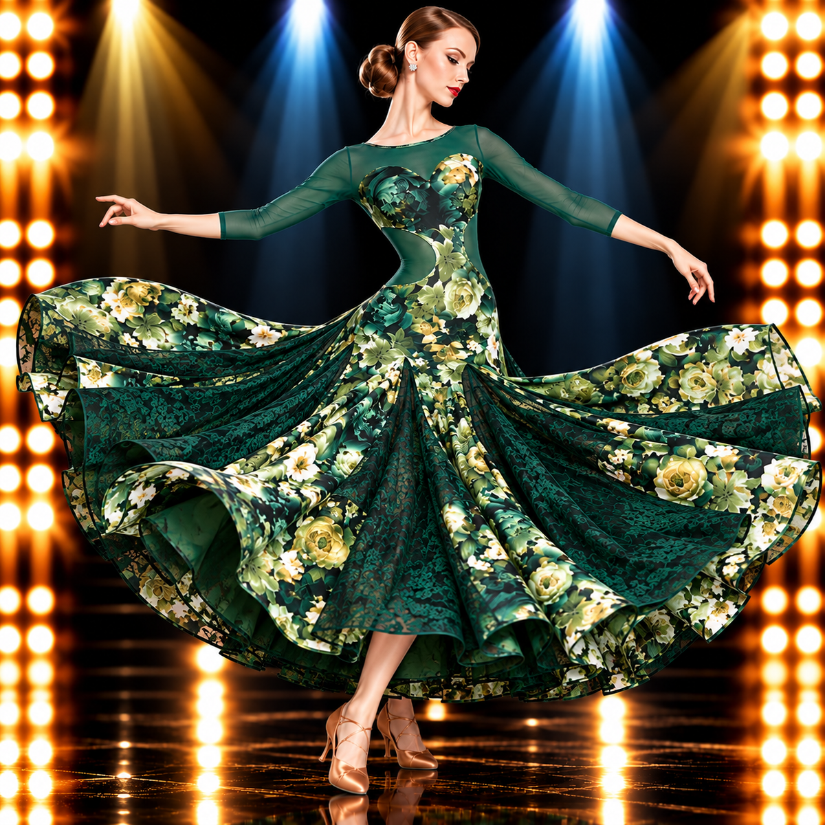 社交ダンスドレス ダークグリーン ボタニカル花柄 シースルー七分袖 ロングドレス 後ろ姿 | LUMIDANCE