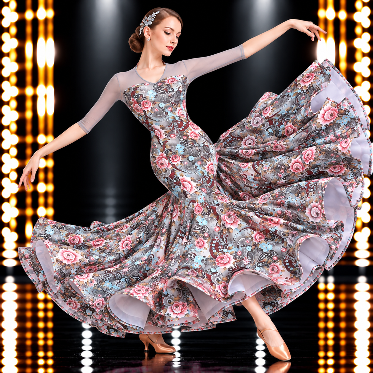 社交ダンスドレス グレー 花柄 シースルー 七分袖 正面 – LUMIDANCE