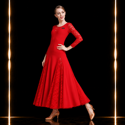 社交ダンス スタンダードドレス レディース レッド ロングドレス レース 長袖 モダン ワルツ タンゴ 練習着 発表会 パーティー