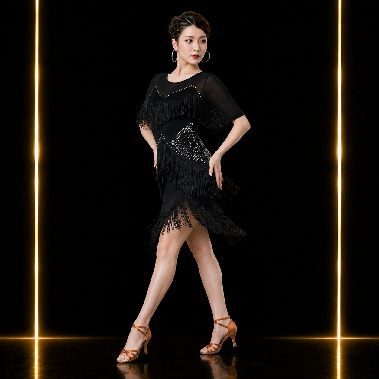 社交ダンス ラテンドレス レディース ブラック フリンジ キラキラ 半袖 ダンス衣装 ラテン 練習着 競技 発表会 パーティー