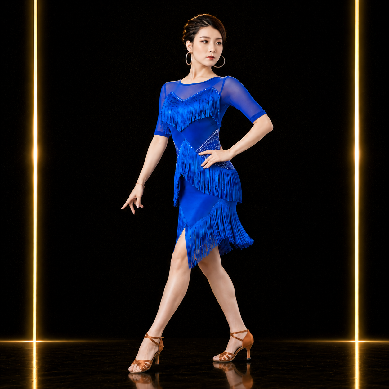社交ダンス ラテンドレス レディース ブルー フリンジ 半袖 シースルー ダンス衣装 ラテン 練習着 競技 発表会 パーティー