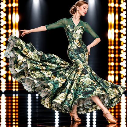 社交ダンスドレス グリーン 胸元 Vネック シースルー七分袖 ボタニカル花柄 – LUMIDANCE