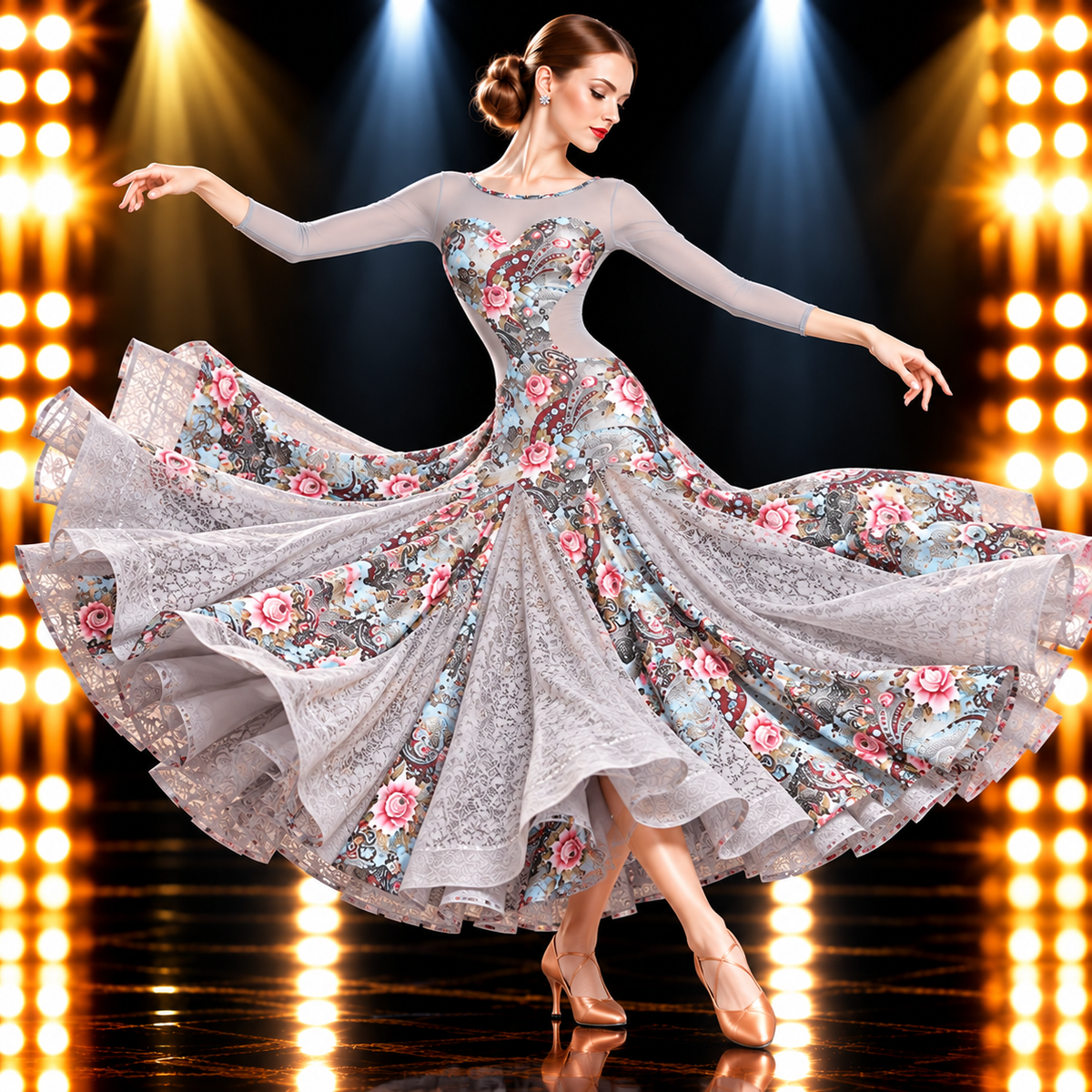 社交ダンスドレス シルバーグレー 花柄 ロングスカート ターン 優雅 スタンダードダンス | LUMIDANCE