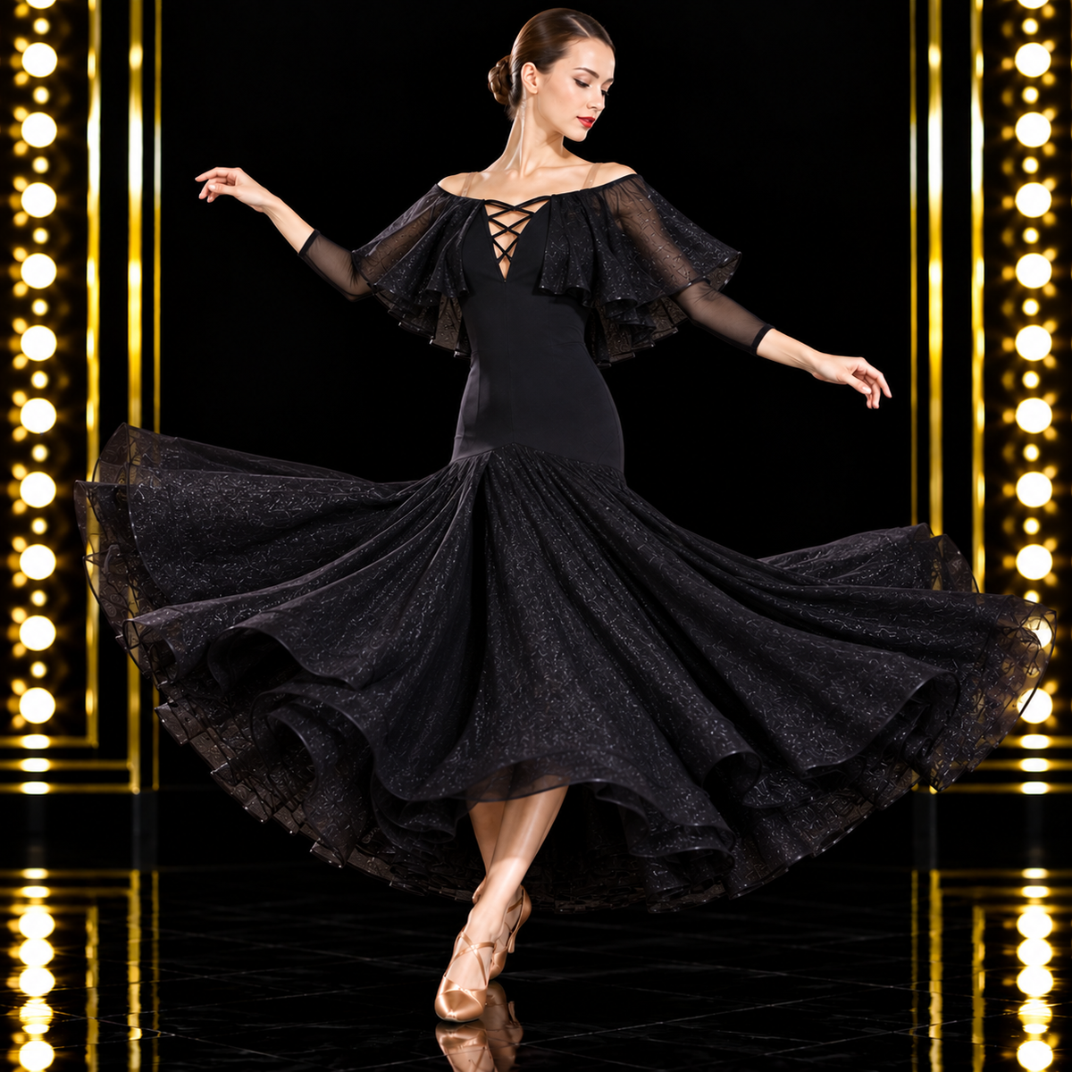 黒の社交ダンスドレス ターンで美しく広がるロングスカート