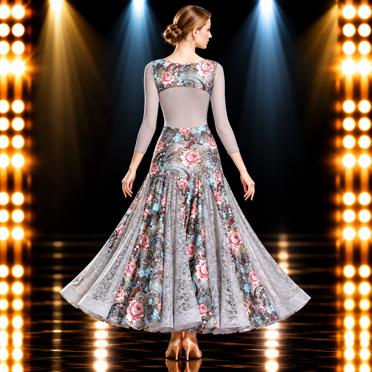 社交ダンスドレス シルバーグレー 花柄 シースルー七分袖 ロングドレス 後ろ姿 | LUMIDANCE